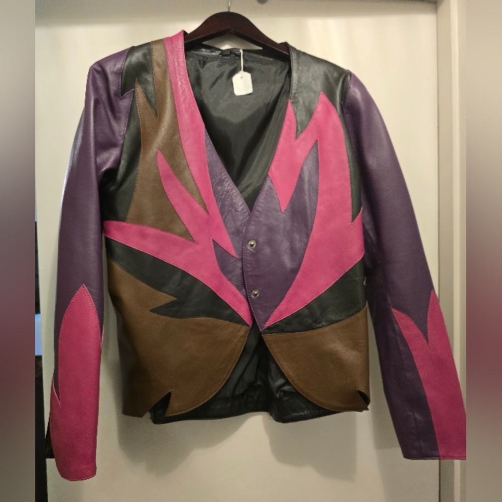 Colorblock Leather Jacket - Pink, Purple & Brown